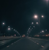 Nighttime shot of a freight truck illuminated by streetlights on an empty road.