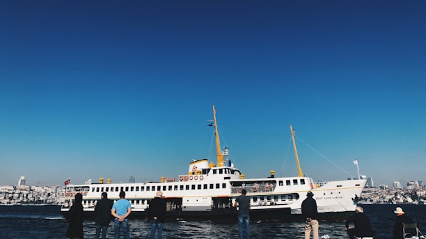 A large white passenger ferry with yellow and red accents sails across a body of water with a city skyline in the background. Several people stand on the shore, wearing jackets and casually observing the scene under a clear blue sky.