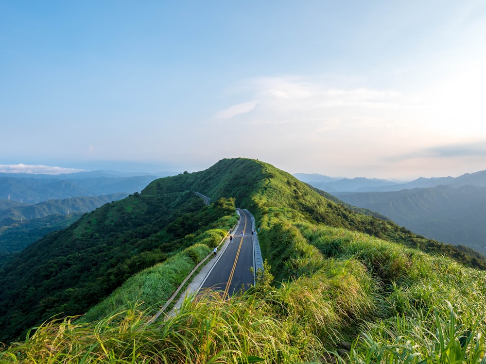 昼間の白い空の下、山の近くの緑の芝生