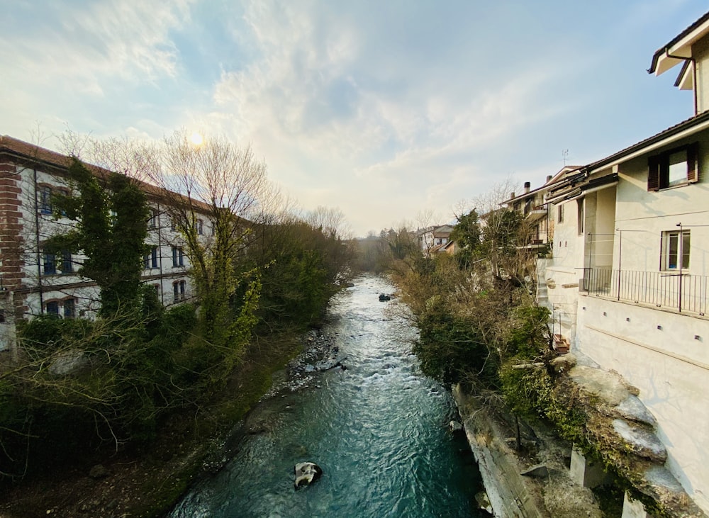 white and brown concrete building beside river under blue sky during daytime