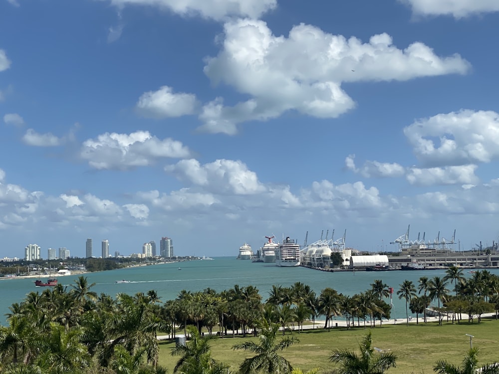 white ship on sea near city buildings under blue and white cloudy sky during daytime