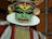 A performer wearing traditional makeup and attire associated with classical Indian dance, characterized by vibrant colors and elaborate headgear. The face is painted in green with bold black and red designs, and the costume includes intricate jewelry and fabric decorations.