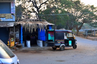 A small roadside stall with a blue and palm-leaf roof stands next to a deserted road. An auto-rickshaw with a heart symbol painted on its side is parked near the stall. The background features tall trees and a few distant vehicles.