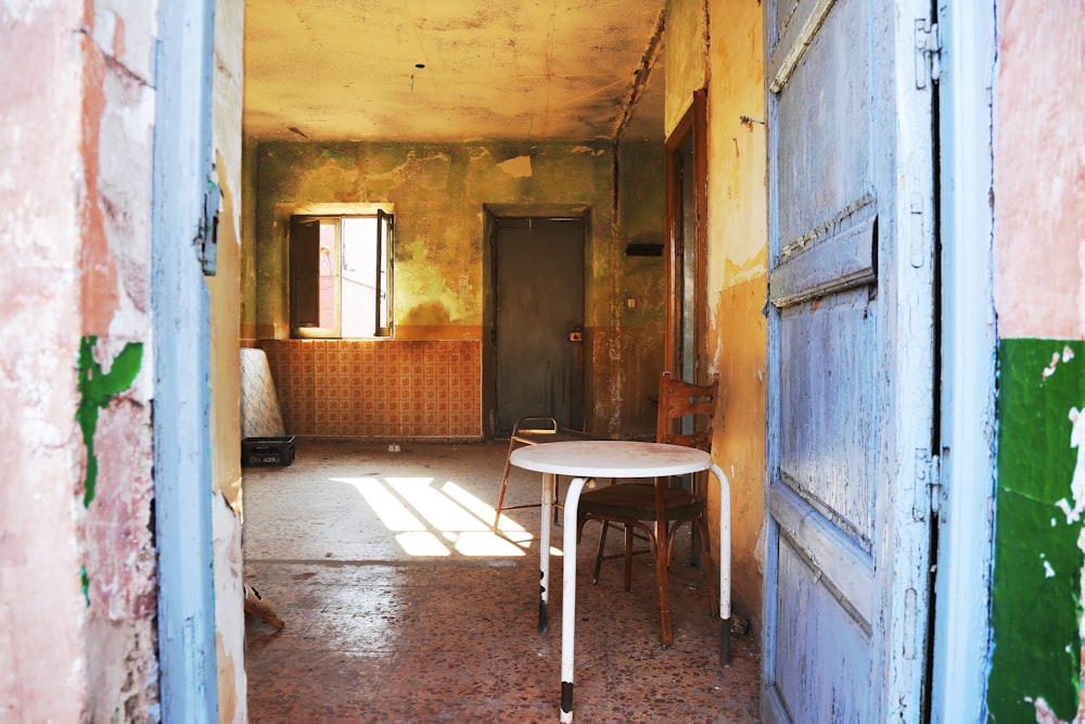 brown wooden table near brown wooden door