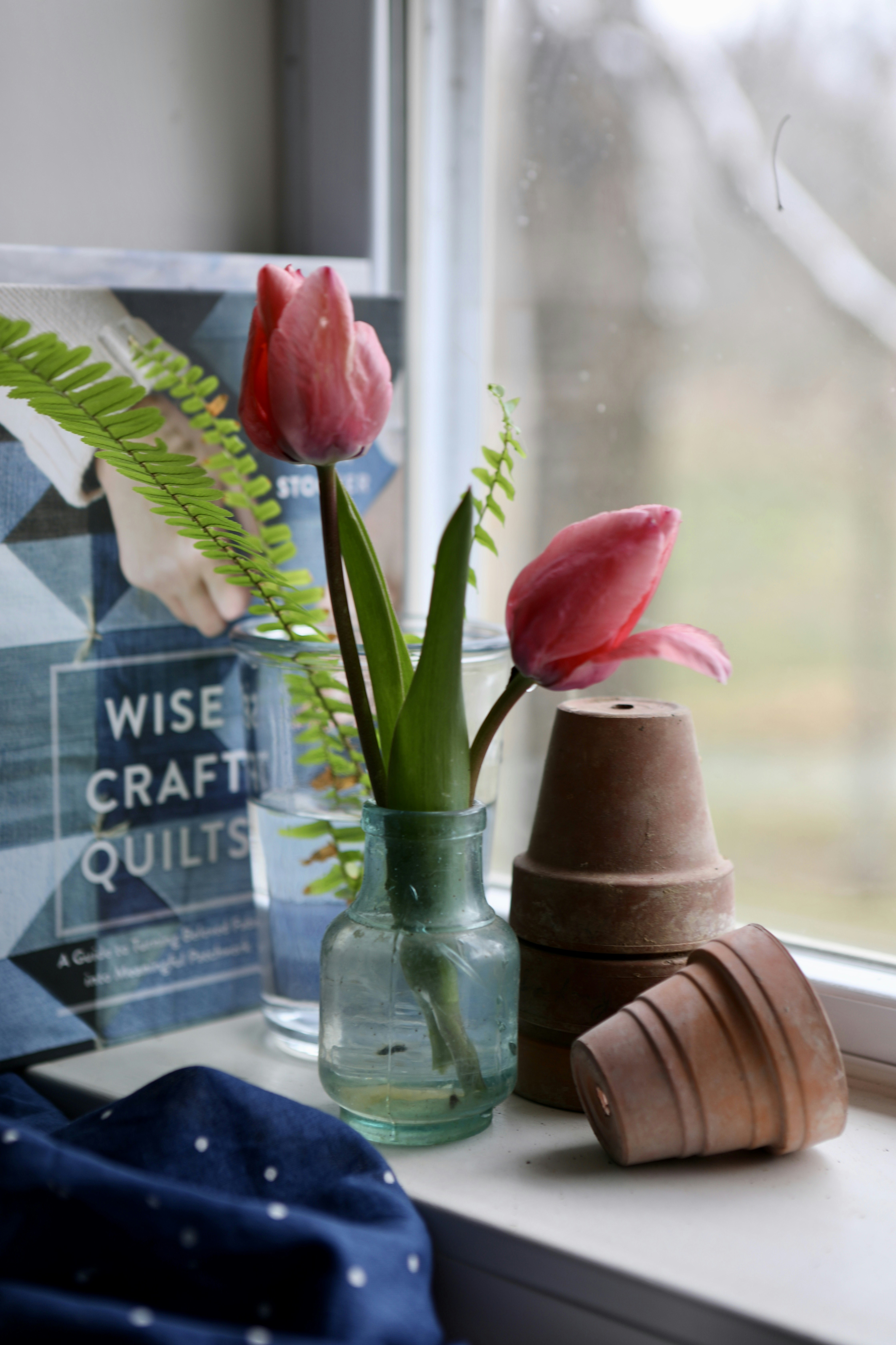 pink tulips in clear glass vase