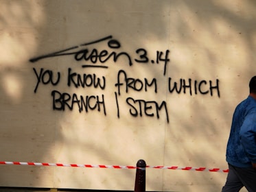Graffiti is spray-painted on a wooden surface, featuring a message '3.14 YOU KNOW FROM WHICH BRANCH | STEM'. A red and white caution tape is visible at the bottom, and a person in a blue jacket is walking by.