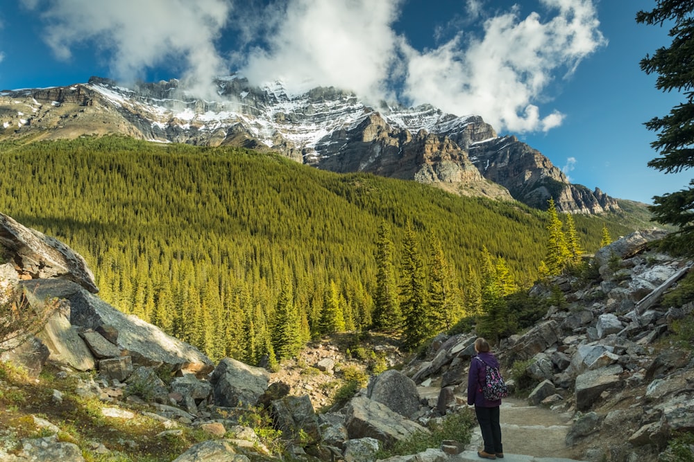 person in black jacket standing on gray rock near green trees and mountain under white clouds