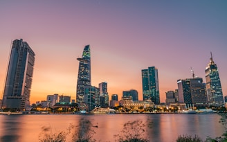 city skyline during night time