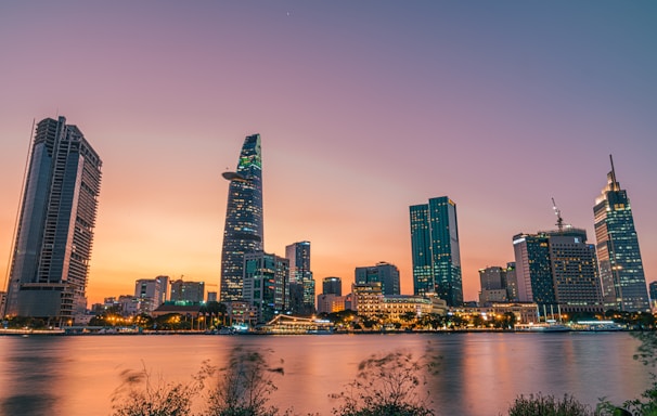 city skyline during night time