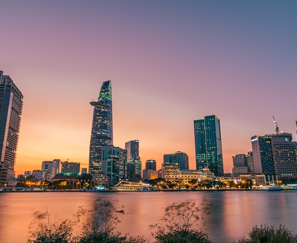 city skyline during night time