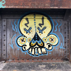 Artistic shot of spray paint mist in black, red, and yellow hues with tiny skull shapes drifting in the background.