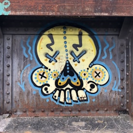 A stylized graffiti art depicting a colorful skull with exaggerated features, painted on a weathered, rusty metal surface. The skull is outlined in bright blue, with a yellow and black color scheme featuring abstract patterns and decorative elements.
