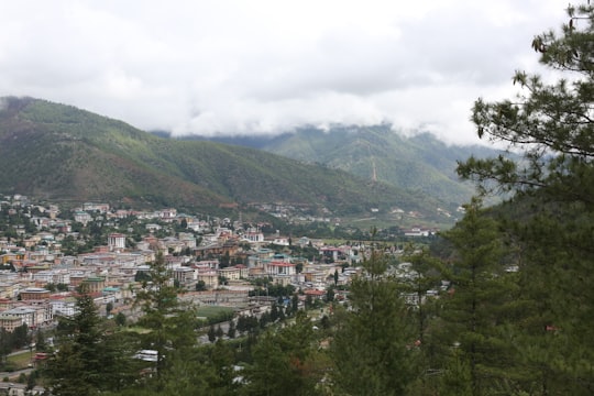 green mountain under white clouds during daytime in Thimphu Bhutan