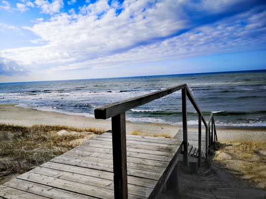 brown wooden dock on beach during daytime in Neringa Lithuania