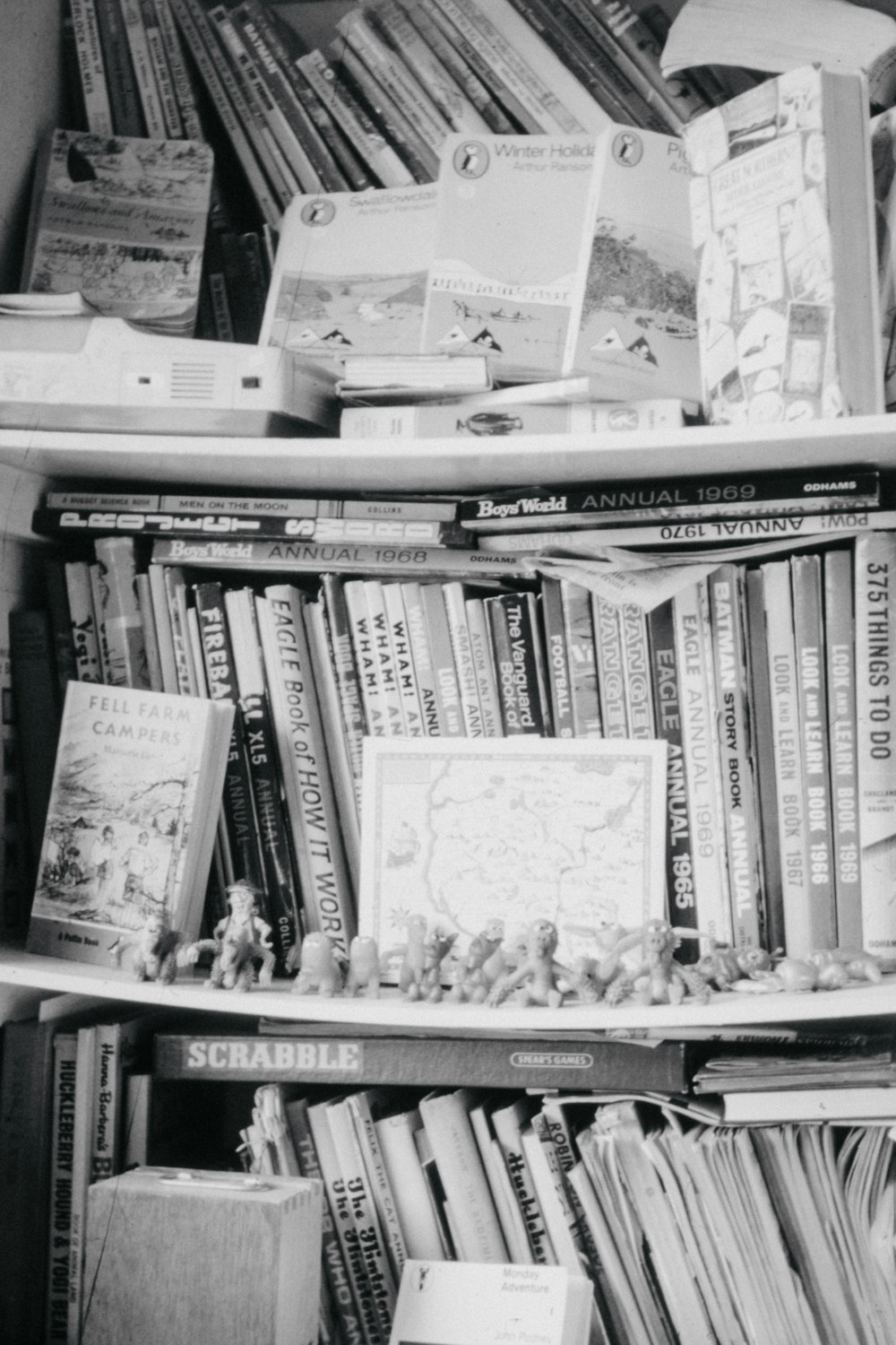 grayscale photo of books on shelf