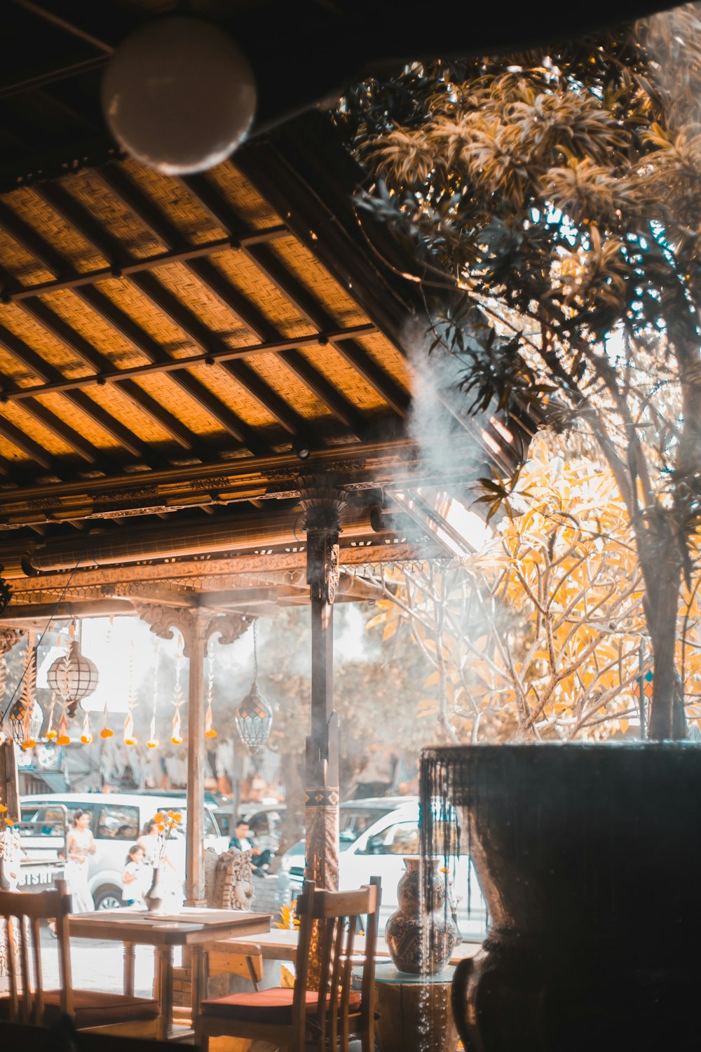 people sitting on chairs near table and trees during daytime