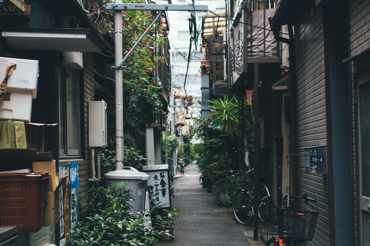 緑の植木の脇にとめられた自転車がある住宅街の路地