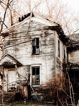 white and black wooden house near bare trees during daytime