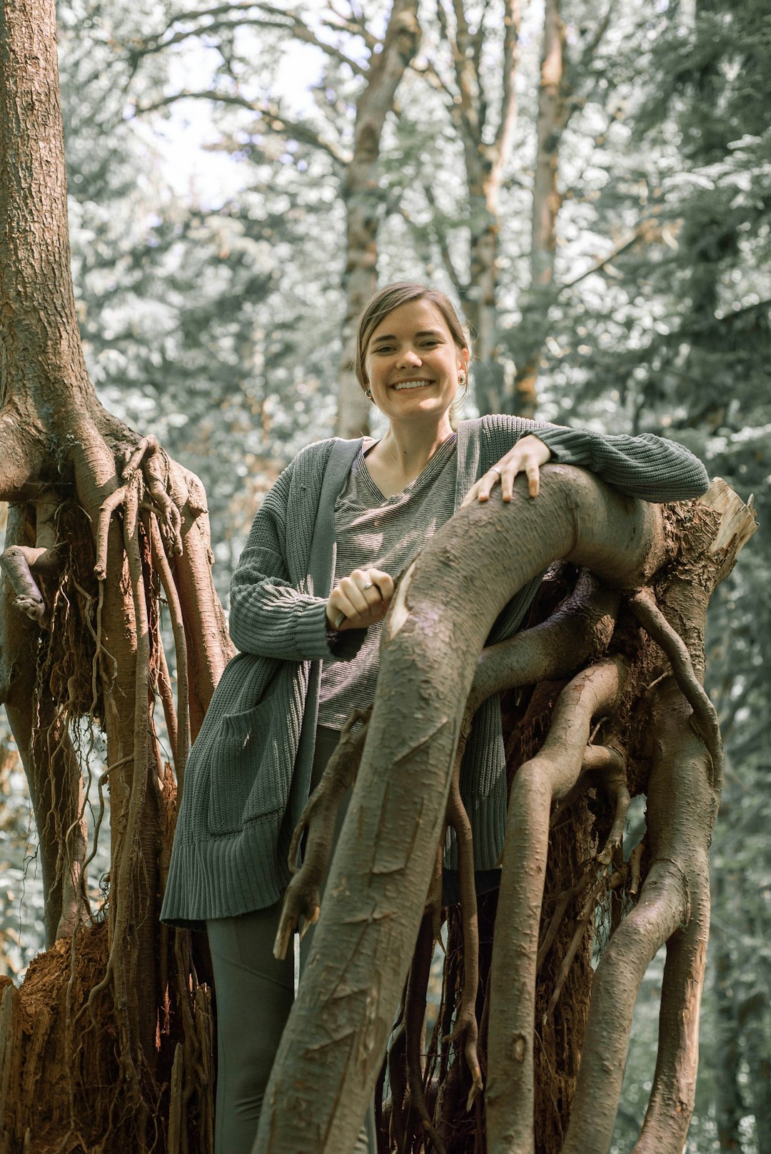 woman in gray long sleeve dress holding brown tree branch