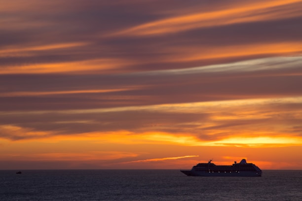 A vibrant collage showing a cruise ship, a roller coaster, and a tropical beach sunset.