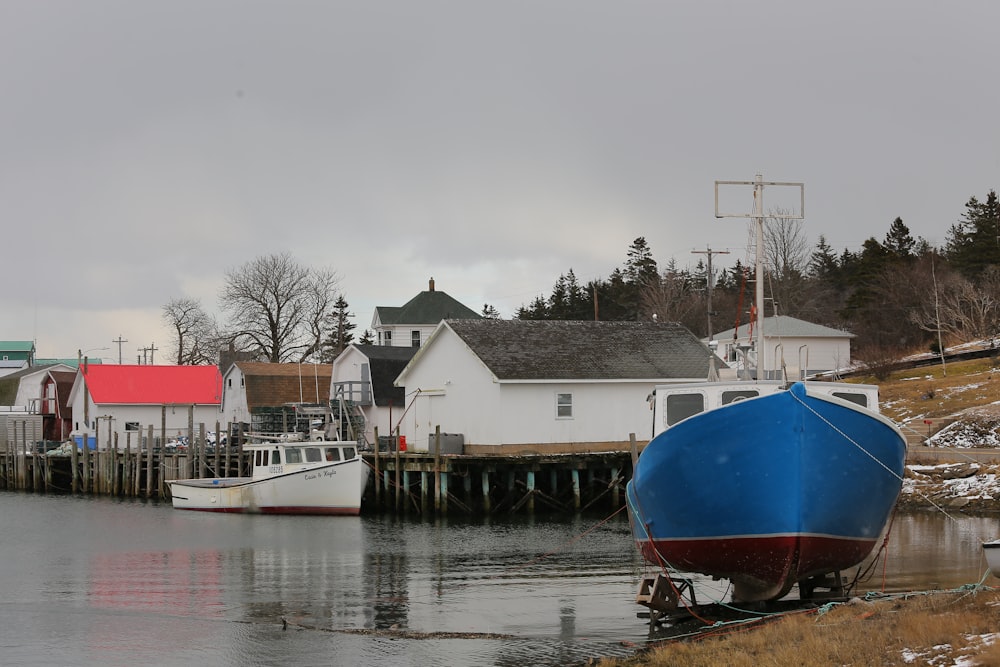 blue and white boat on dock during daytime