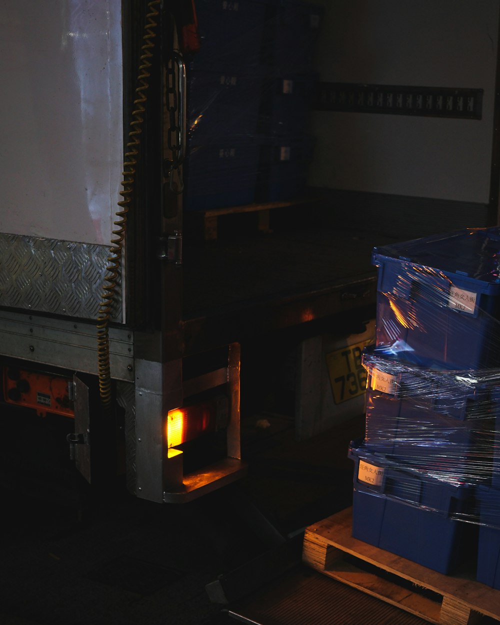 blue and white cardboard boxes