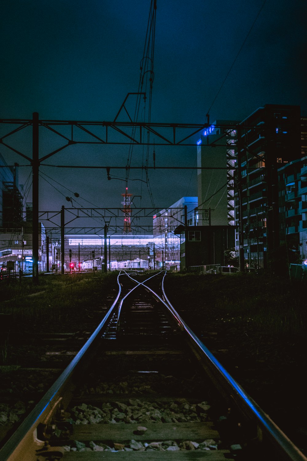 train rail with blue lights