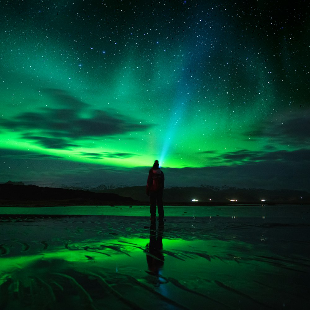 person standing on seashore under green sky with stars during night time