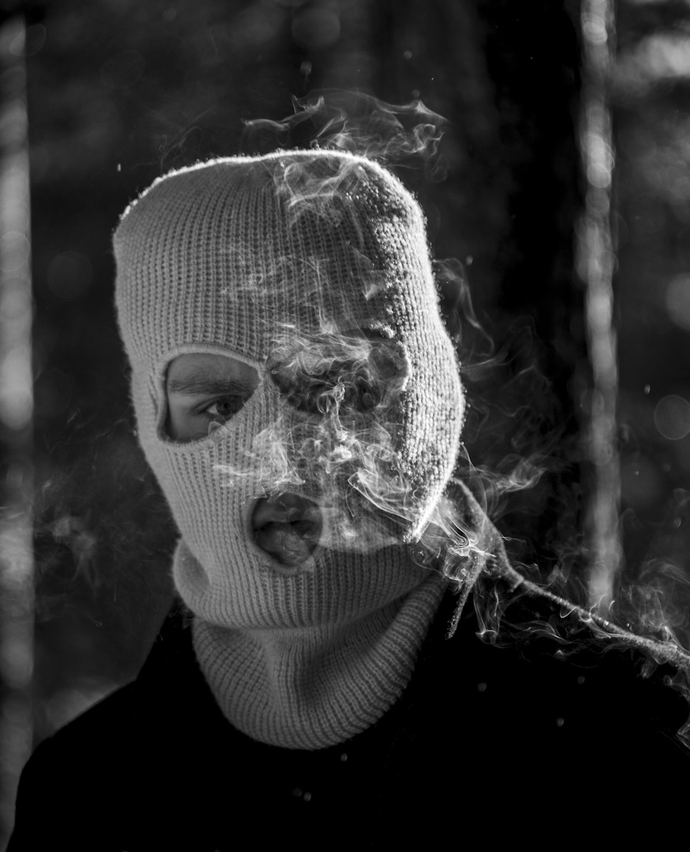 grayscale photo of person wearing mask