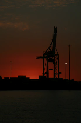 Evening view of a jib crane silhouetted against the setting sun at a busy oil terminal jetty.