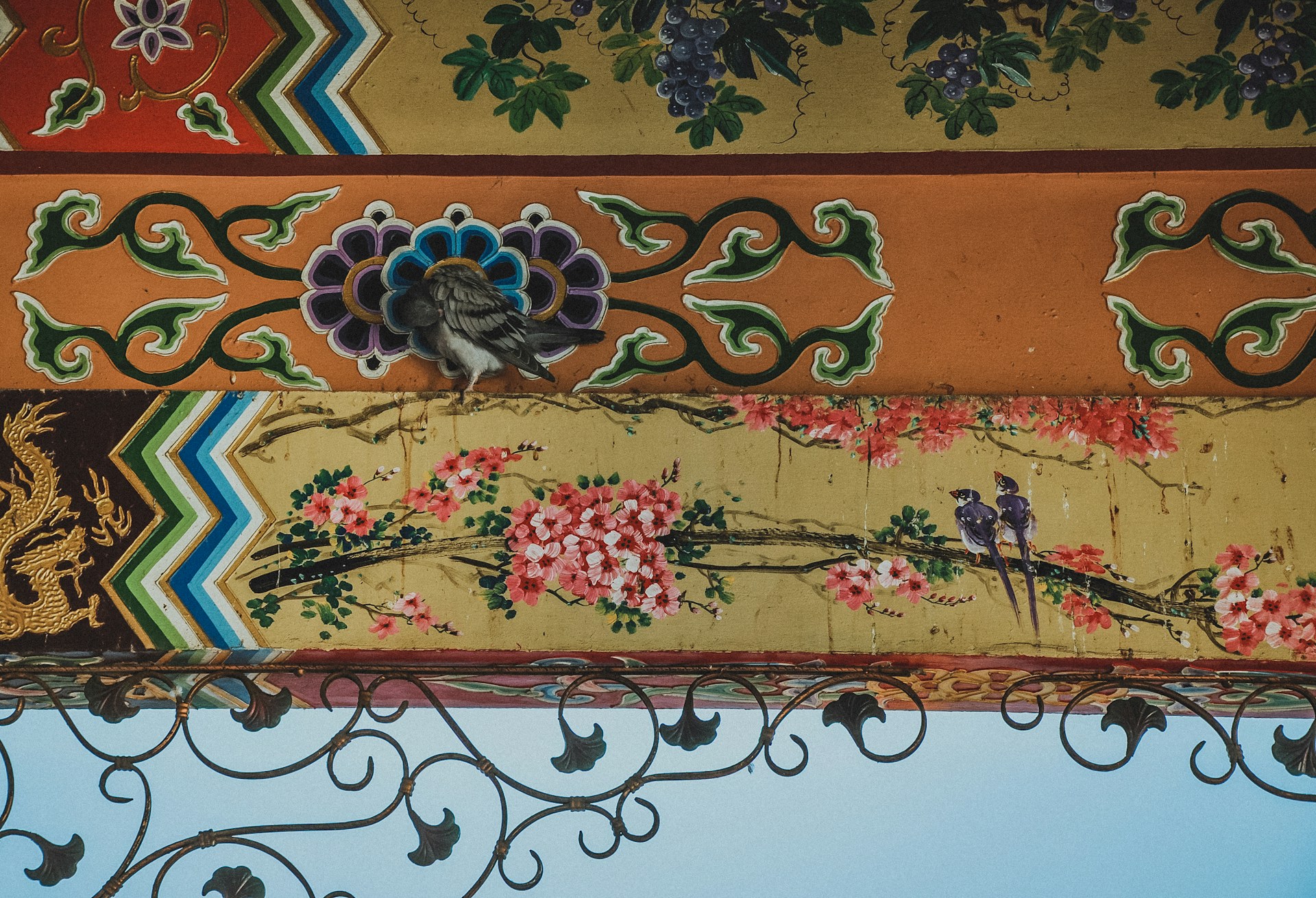 brown white and green floral textile
