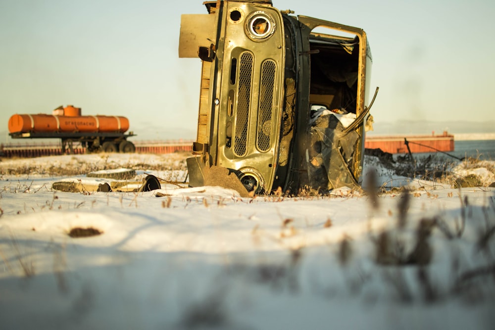 vintage camera on snow covered ground