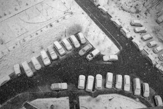 Wide view of a cleared parking lot with snow piled neatly along the edges.
