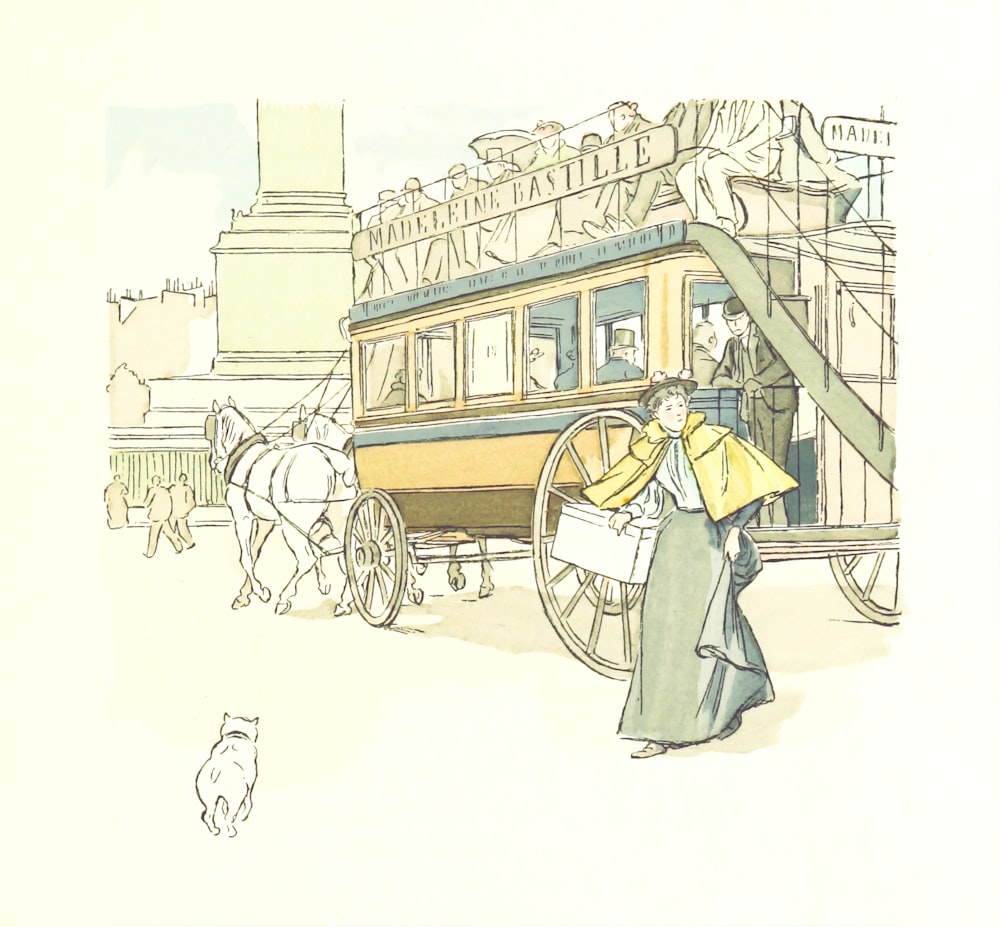 man in black coat standing beside brown wooden cart near brown building illustration