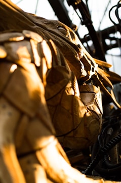 The image captures a close-up view of a detailed wooden sculpture, possibly representing an animal or creature. The sculpture features intricately carved scales and other textures, with light casting shadows that highlight the craftsmanship. The background consists of structural elements and cables, suggesting an industrial or mechanical setting.