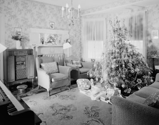 grayscale photo of living room
