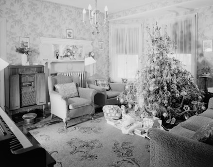 grayscale photo of living room