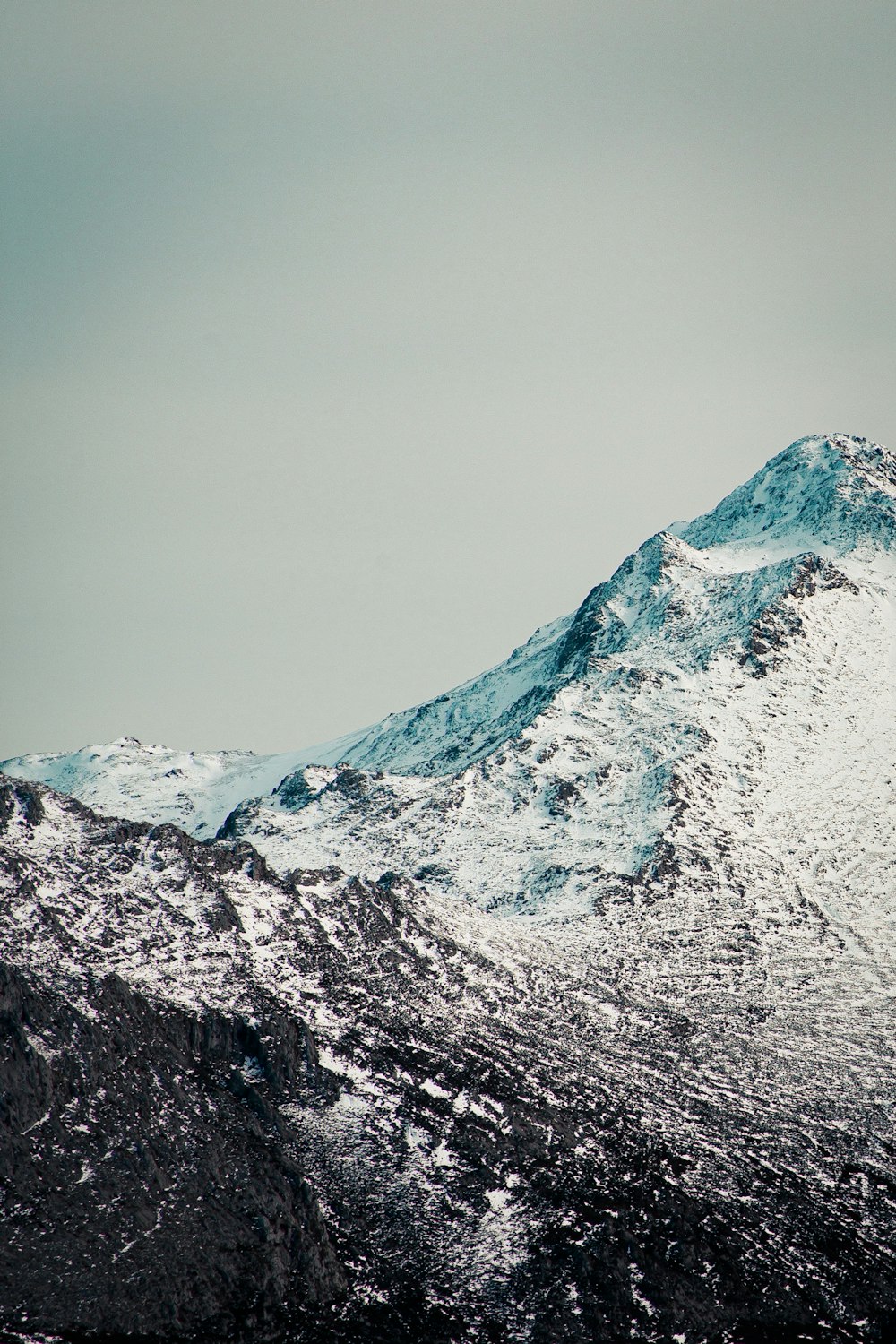 灰色の空の下の雪に覆われた山