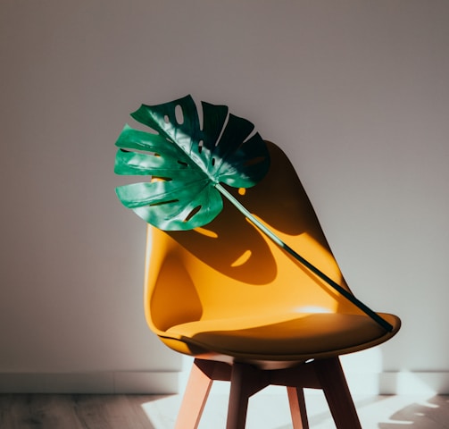 yellow and green umbrella on brown wooden stool