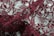 Intricate burgundy lace fabric with a floral pattern, featuring delicate loops and ornate designs. The lace is semi-transparent with variations in texture and density, which creates an elegant and sophisticated appearance.