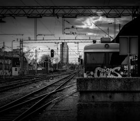 A black and white image depicts a train station with multiple railway tracks converging. Overhead wires and poles create a complex network above the tracks. In the foreground, a train with graffiti on the front is stationary. Surrounding the tracks are various buildings, some with graffiti, and a tall skyscraper is visible in the background under a cloudy sky.