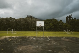 An empty outdoor sports court with a basketball hoop in the center, flanked by two soccer goals on a grassy field, surrounded by dense green trees under a cloudy sky.