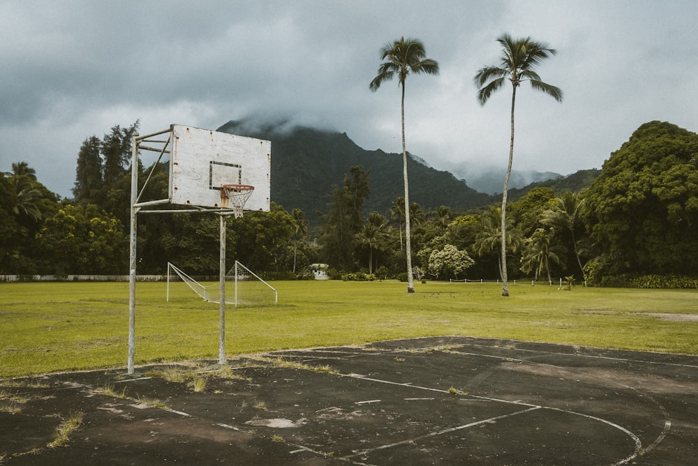 white and red basketball hoop near green grass field during daytime