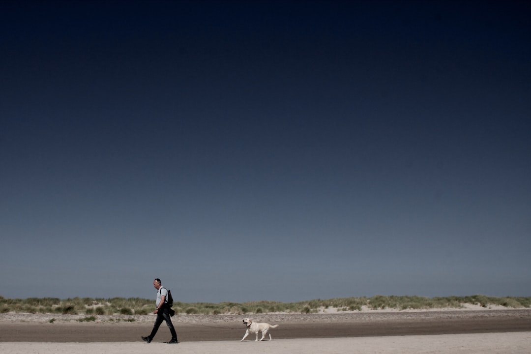 man in red jacket and black pants walking with white dog on brown sand during daytime