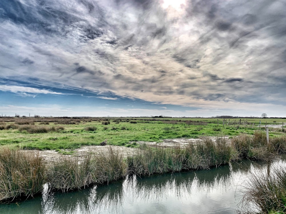 green grass field beside river under cloudy sky during daytime