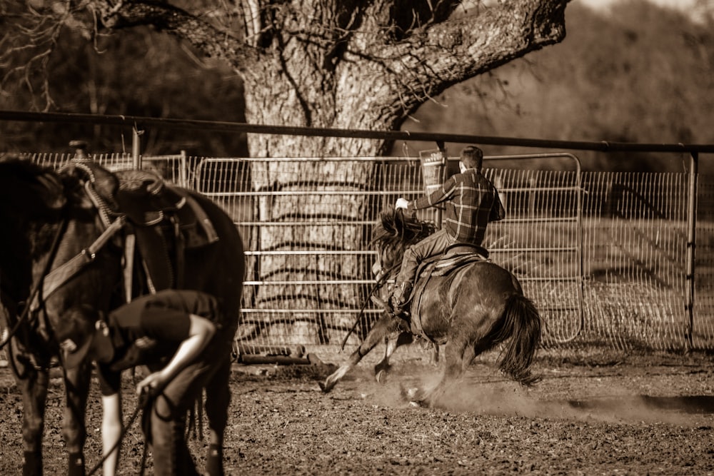 grayscale photo of man riding horse