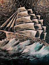 A chalk drawing depicts a large sailing ship with multiple sails on turbulent waters. The sky is filled with swirling star patterns, reminiscent of a starry night, adding a sense of motion and drama. The ship is detailed with portholes along its hull.