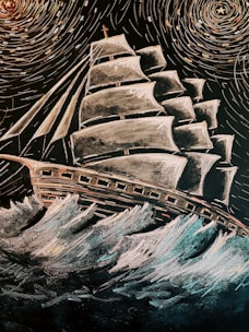 A dramatic illustration of a young warrior standing on the prow of a Chola ship, waves crashing beneath a stormy sky.