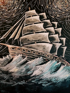 A chalk drawing depicts a large sailing ship with multiple sails on turbulent waters. The sky is filled with swirling star patterns, reminiscent of a starry night, adding a sense of motion and drama. The ship is detailed with portholes along its hull.