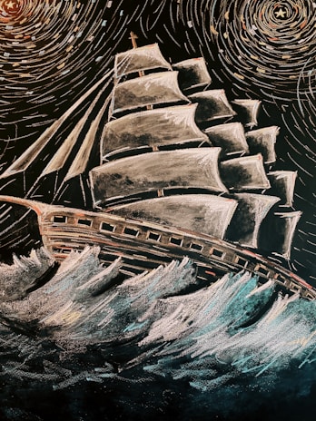 A chalk drawing depicts a large sailing ship with multiple sails on turbulent waters. The sky is filled with swirling star patterns, reminiscent of a starry night, adding a sense of motion and drama. The ship is detailed with portholes along its hull.